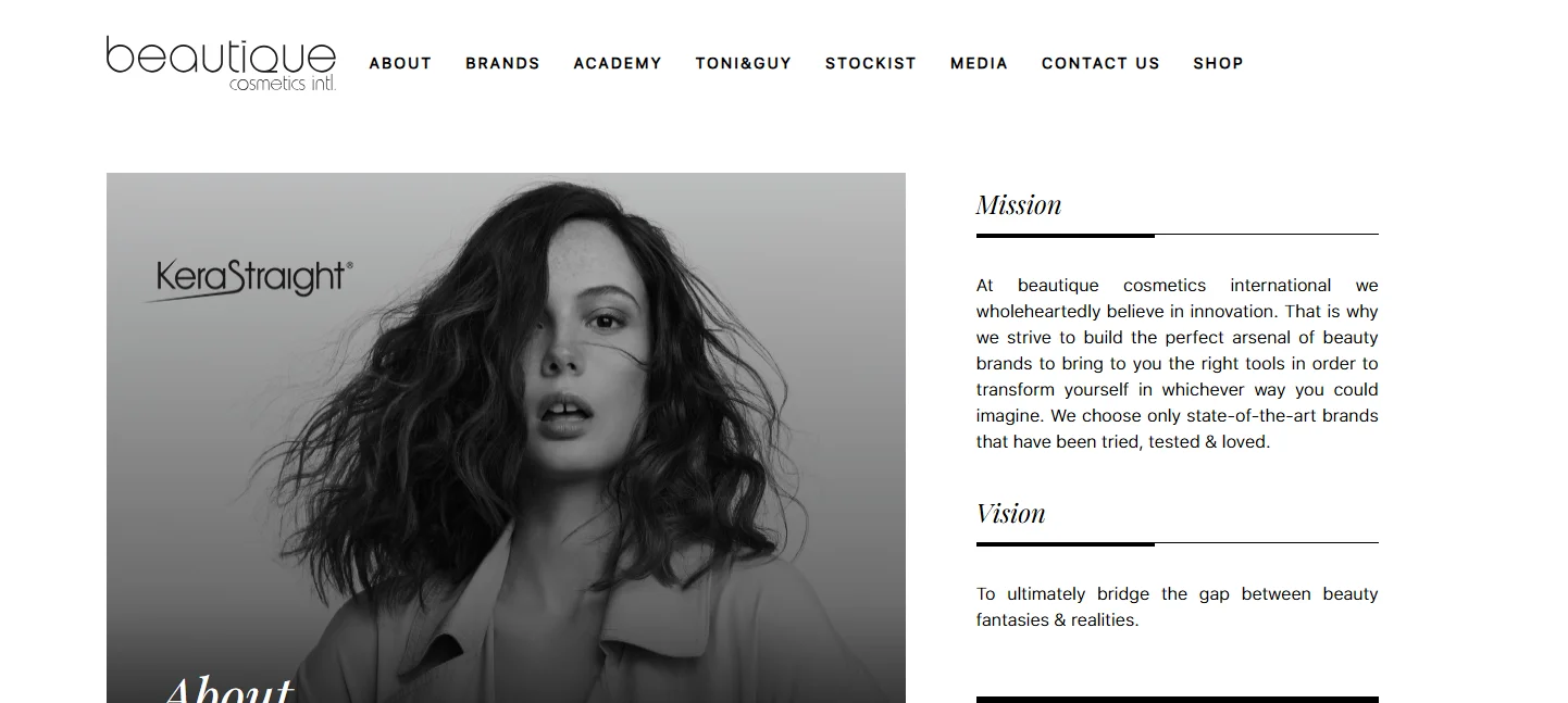 Beautique cosmetics webpage featuring KeraStraight branding alongside mission and vision statements.